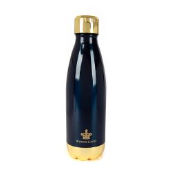 navy metal water bottle with gold lid and Windsor Castle and a crown printed in gold