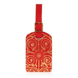 red and gold luggage tag featuring the design from the Gilebertus doors at St. George's Chapel, Windsor Castle
