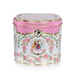 Open tea caddy printed with a pink rose floral design and a lion and unicorn rest at the centre.