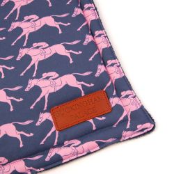 Navy square printed with pink racing horses and a Buckingham Palace leather tag