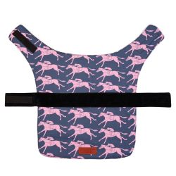 Navy pet coat printed with pink racing horses