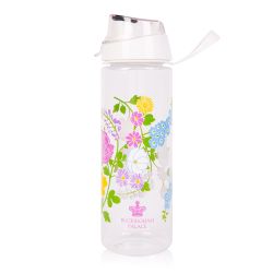 Pretty, clear water bottle decorated with colourful wild flowers. The bottle has a white lid.
