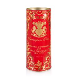 red tube of biscuits with gold swirl and crest with the words 'Buckingham Palace Orange, Cranberry and Milk Chocolate Biscuits' next to a pile of biscuits