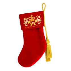 Red velvet stocking with gold embroidery,  a gold crown and the words 'Buckingham Palace' and a gold tassel 