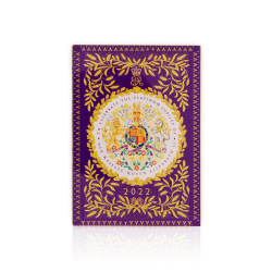 Rectangular, purple magnet celebrating The Queen's Platinum Jubilee. With a coat of arms at the centre, a gold foliage design surrounds it.