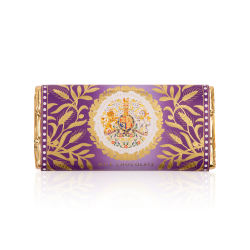 Milk chocolate bar in a purple wrapper. Featuring a coat of arms at the centre surrounded by a gold foliage design