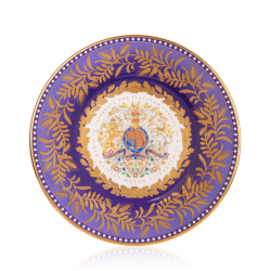 Purple side plate featuring the coat of arms at the centre. It is surrounded by gold leaf foliage