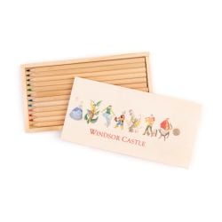 Wooden tray of colouring pencils with a lid featuring illustrations of famous panto characters including Cinderella and Little Red Riding Hood and the words Windsor Castle