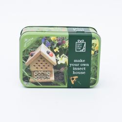 Rectangular tin displaying the kit to make your own insect house