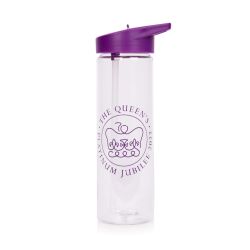 Clear water bottle with purple lid featuring The Queen's Jubilee 2022 emblem 