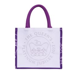 Lilac purple bag featuring The Queen's Jubilee 2022 emblem 
