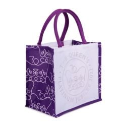 Lilac purple bag featuring The Queen's Jubilee 2022 emblem 