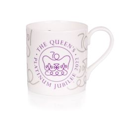 White coffee mug featuring The Queen's Jubilee 2022 emblem in purple