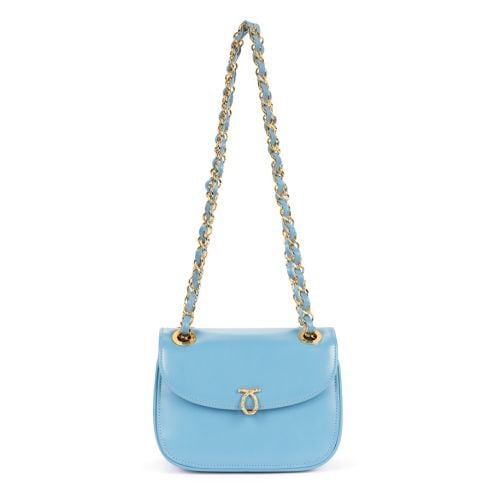 Blue Launer Laura Bag with gold detailing and Launer clasp. 