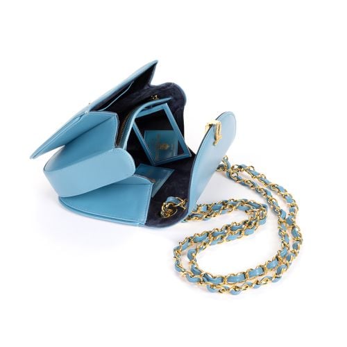 Blue Launer Laura Bag with gold detailing and Launer clasp. 