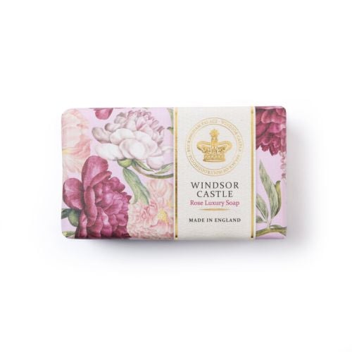 Windsor Castle Rose scented soap in pink botanical pattern. 