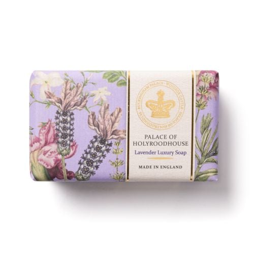 Purple botanical patterned Palace of Holyroodhouse Lavender Luxury Soap with gold crown embellishment.