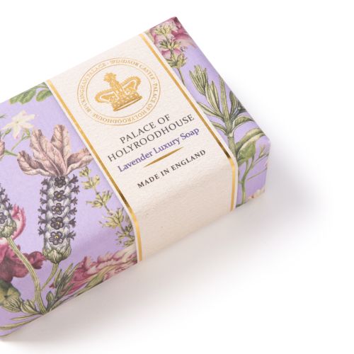 Purple botanical patterned Palace of Holyroodhouse Lavender Luxury Soap with gold crown embellishment.