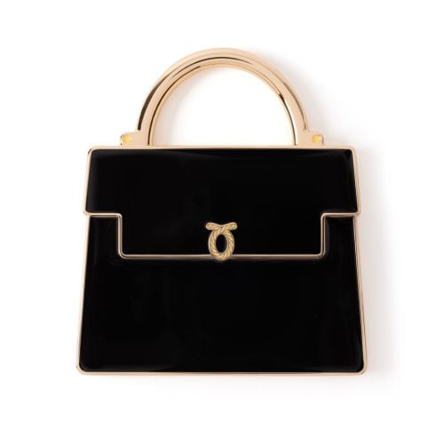 Black and gold handbag shaped compact mirror.