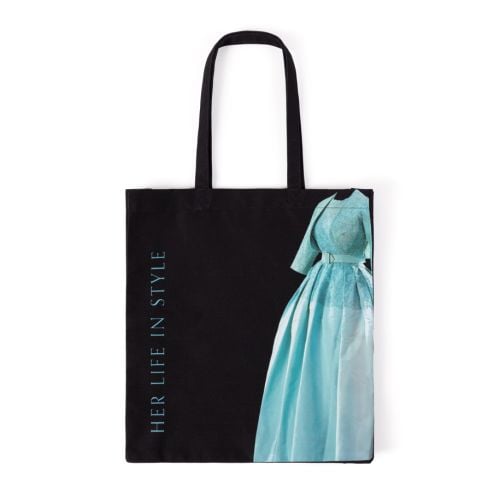 Her Life In Style exhibition black tote bag, featuring Norman Hartnell dress.