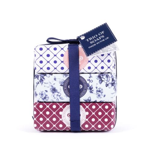 Three boxed body soaps labelled Lavender, Rose, and Bluebell with decorative patterned packaging, made in the UK.