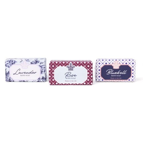 Three boxed body soaps labelled Lavender, Rose, and Bluebell with decorative patterned packaging, made in the UK.