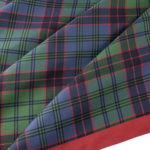 Square tartan silk scarf featuring a blue and green check pattern with red detailing and a contrasting red border.
