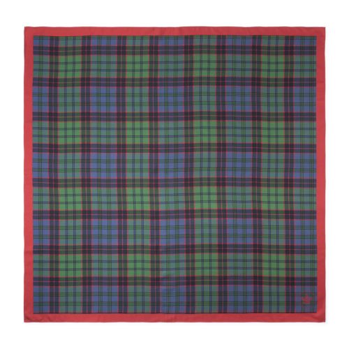 Square tartan silk scarf featuring a blue and green check pattern with red detailing and a contrasting red border.