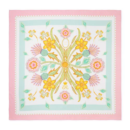 Square silk scarf with symmetrical floral design in pastel pink, yellow and green, framed by a pink border and pearl-effect trim motif.