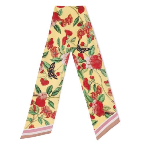 Yellow silk twilly scarf with red floral blossoms, green leaves and butterfly motifs, finished with a pink and taupe striped border.